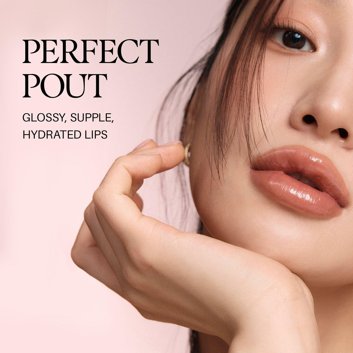 d'Alba Plumping Lip Glow Shade-specific on-model wear appearance: Perfect Pout, glossy/supple/hydrated lips