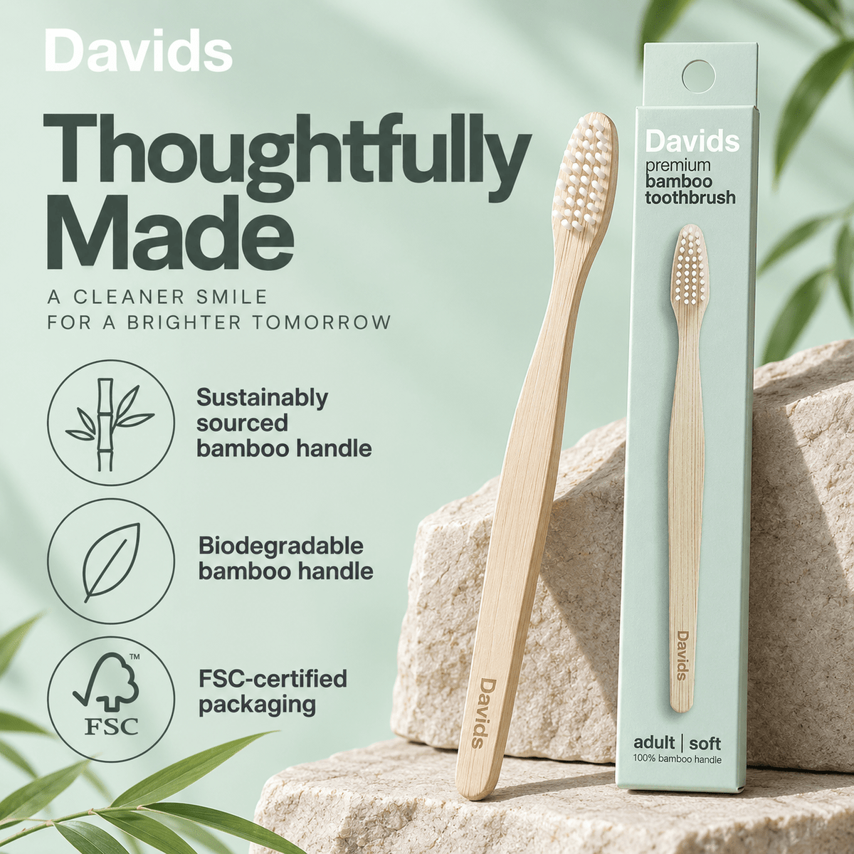 Davids bamboo toothbrush sustainable handle FSC packaging infographic
