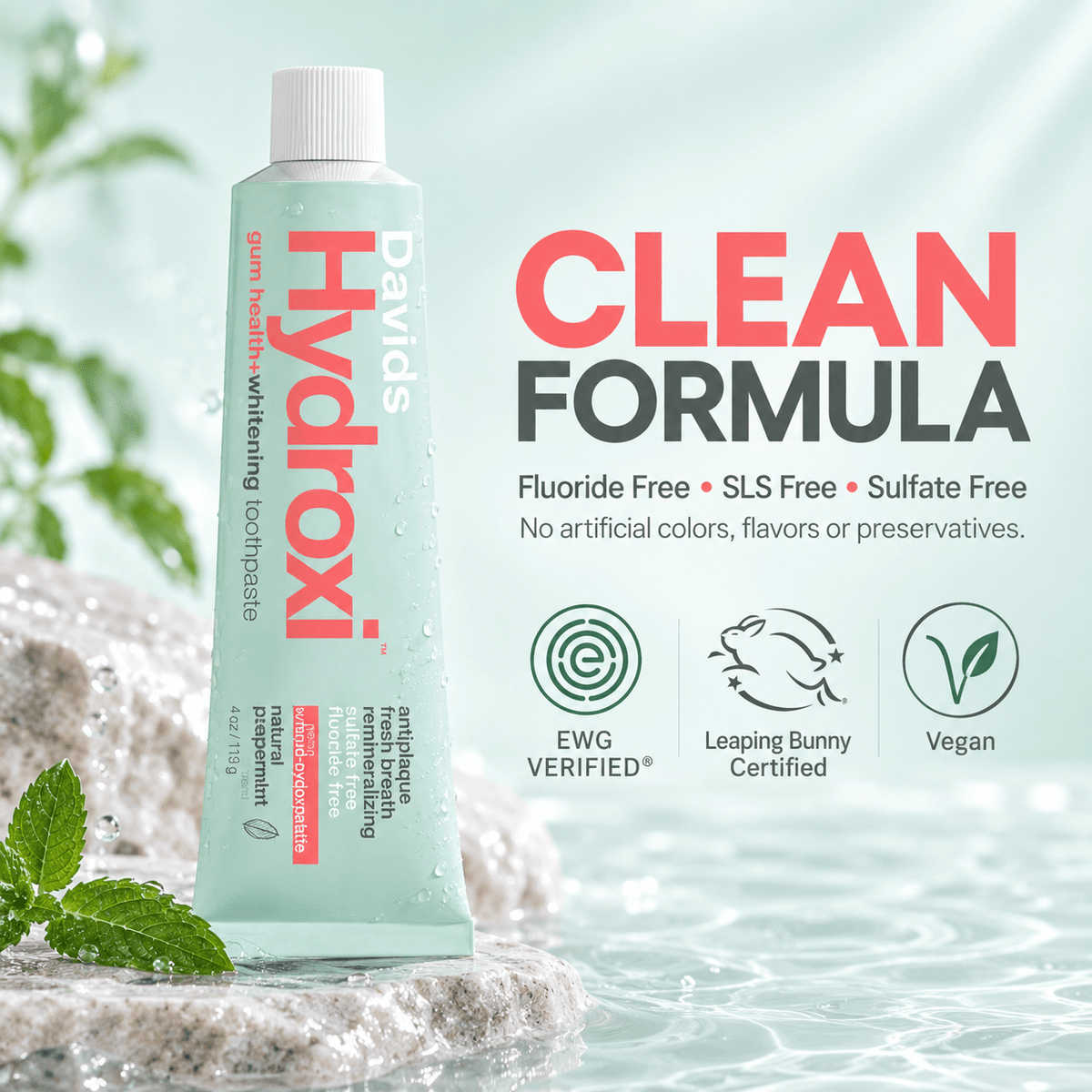 Davids Hydroxi fluoride free SLS free clean formula infographic
