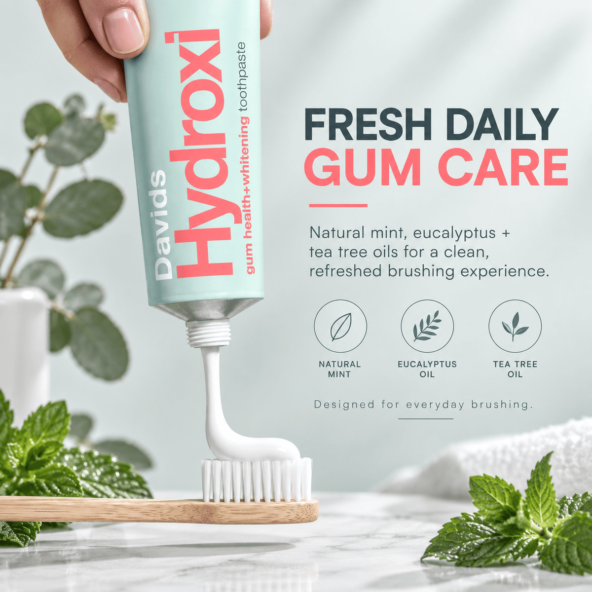 Davids Hydroxi fresh daily gum care brushing infographic