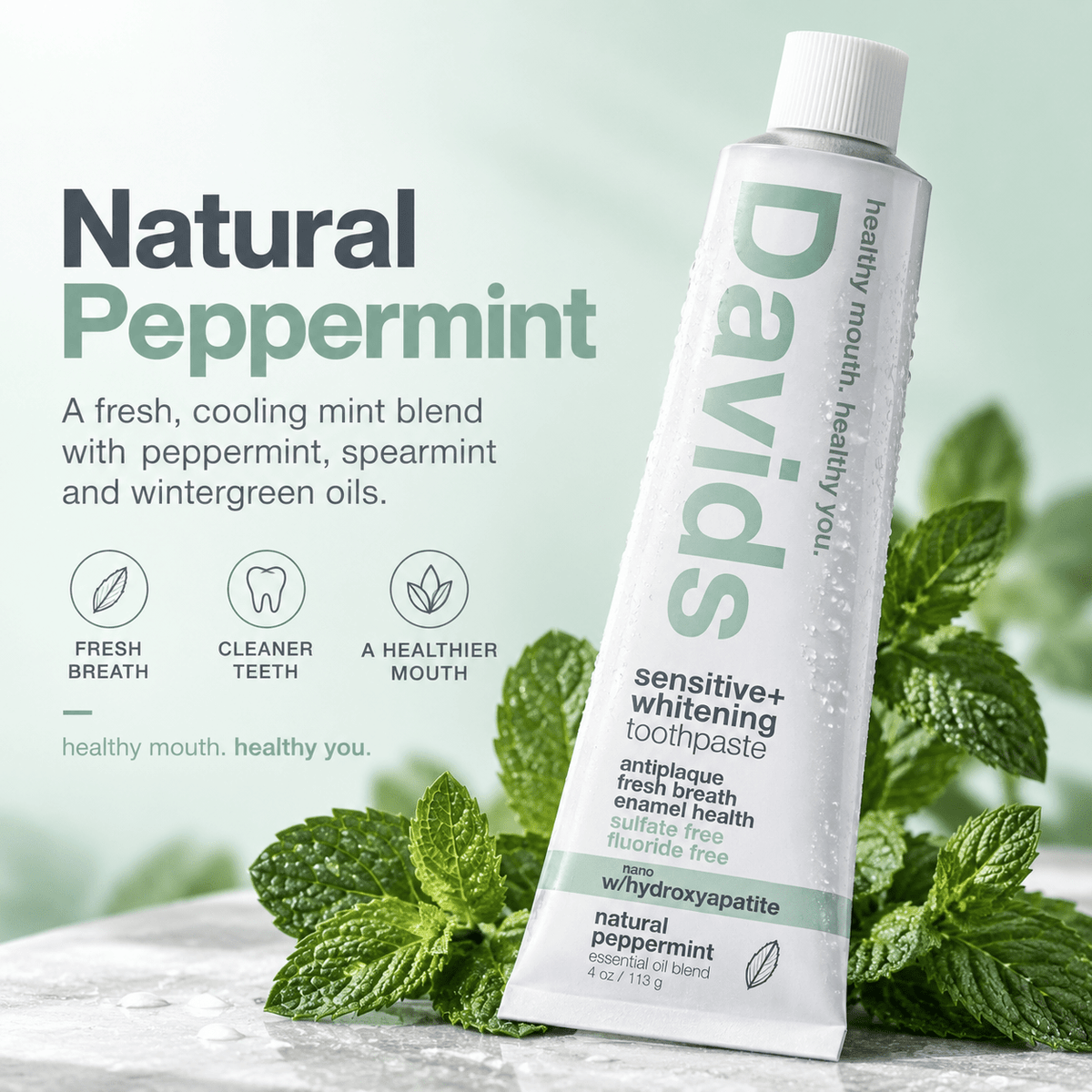 Davids Hydroxi natural peppermint toothpaste infographic