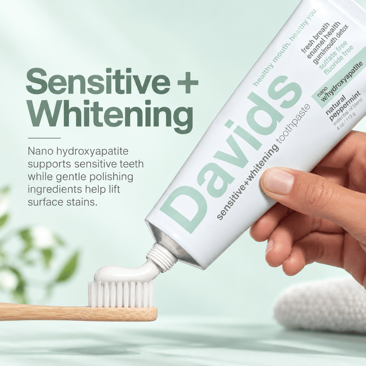 Davids Hydroxi Sensitive + Whitening toothpaste benefits infographic
