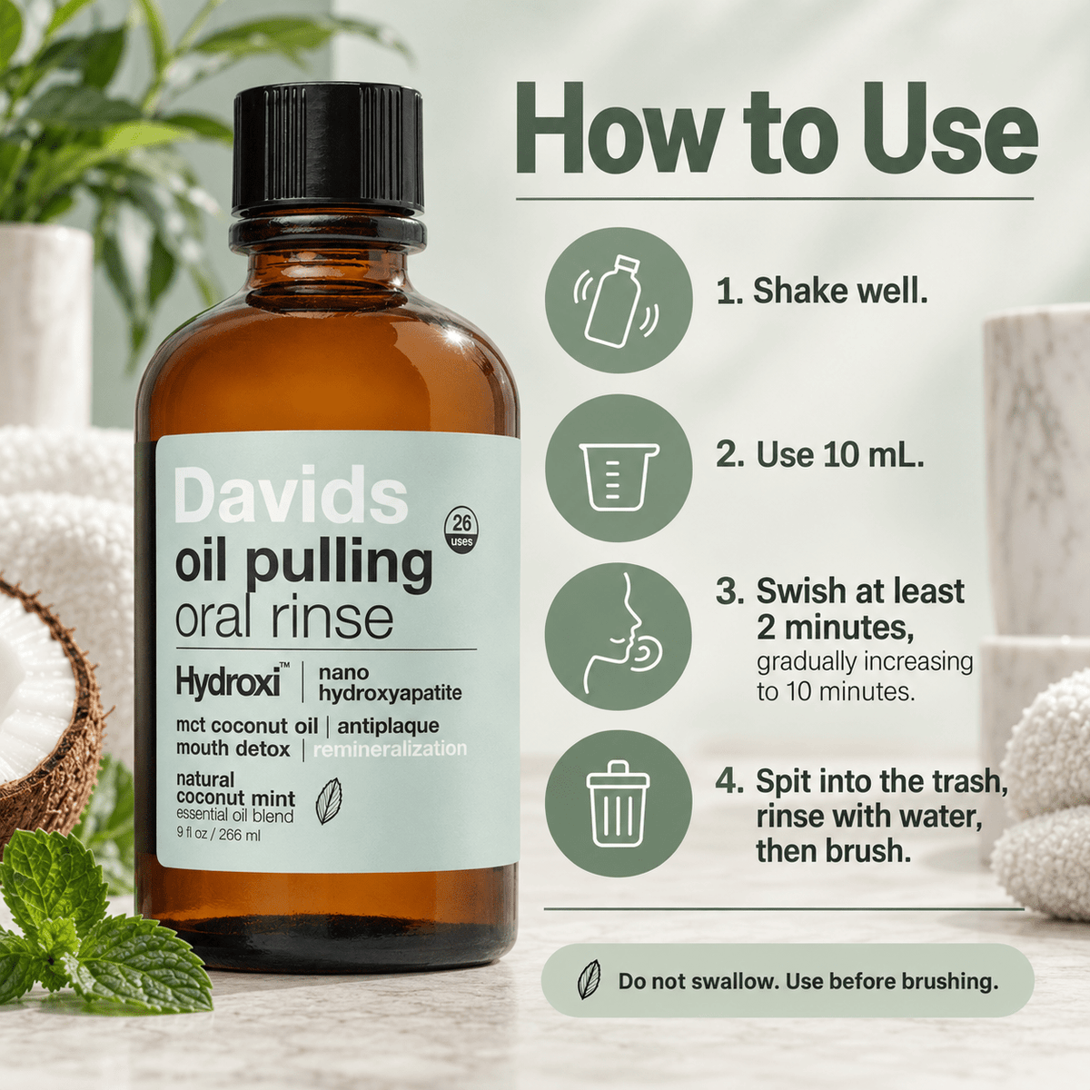 Davids oil pulling oral rinse how to use infographic
