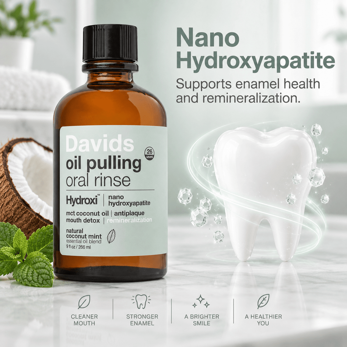 Davids oil pulling oral rinse nano hydroxyapatite enamel support infographic
