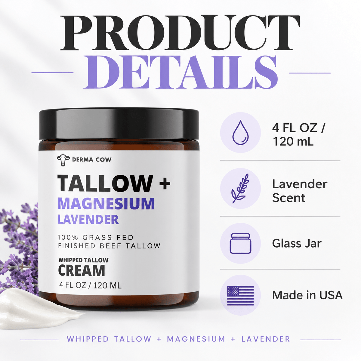 Derma Cow Magnesium Lavender Tallow Cream product details infographic