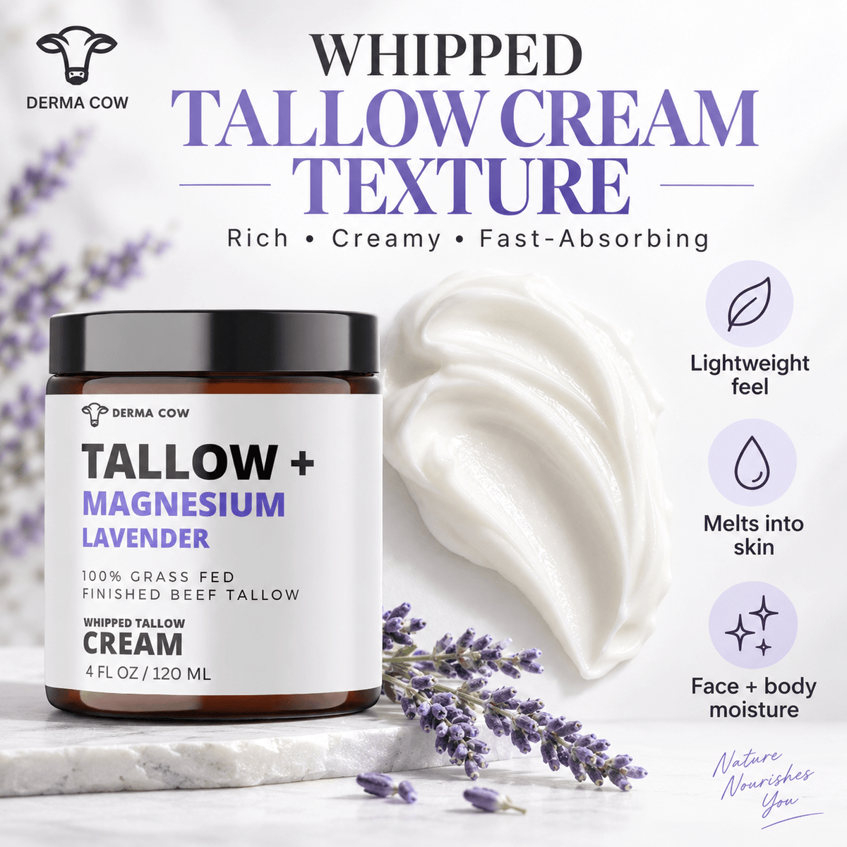 Derma Cow Magnesium Lavender Tallow Cream whipped texture infographic