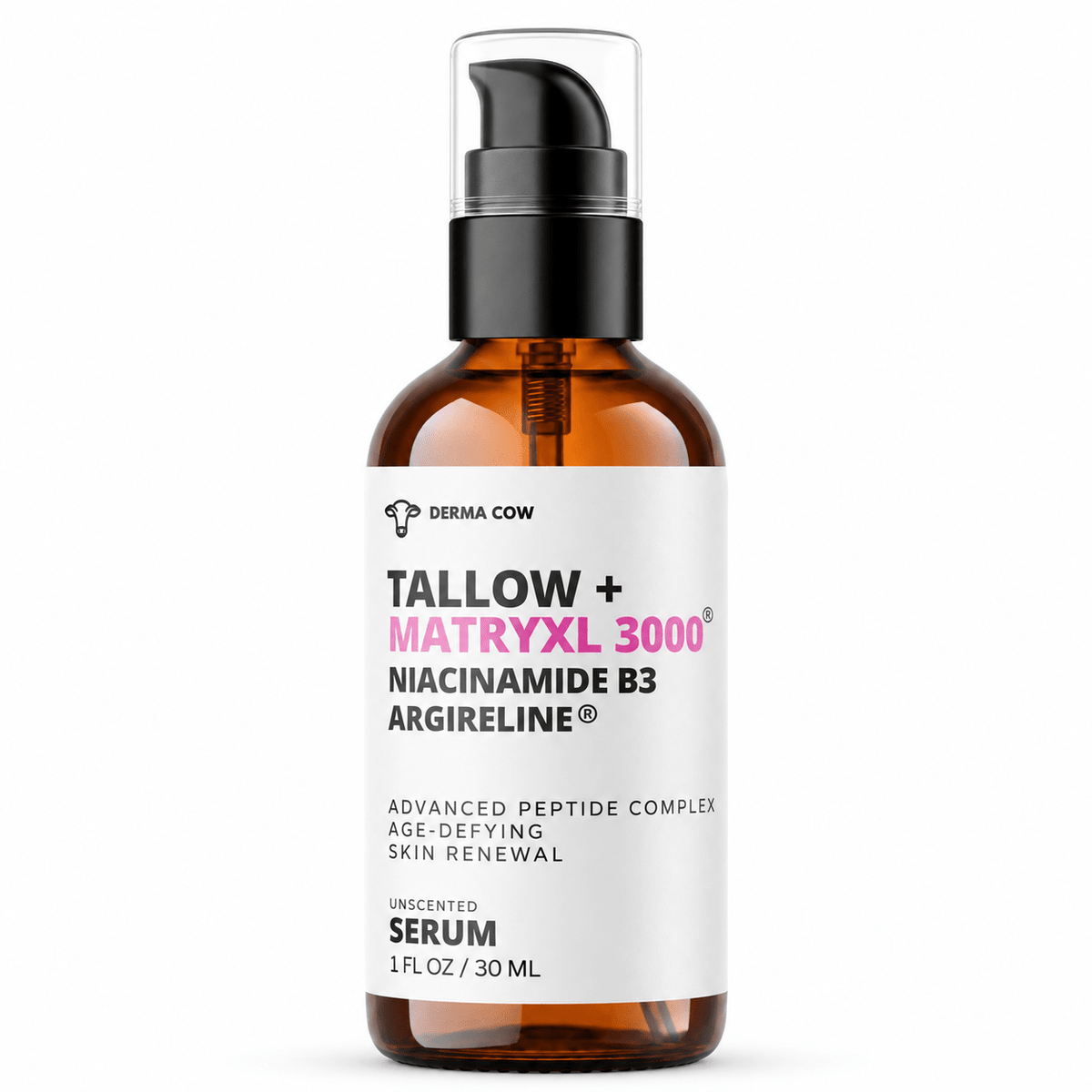 Derma Cow Tallow Peptide Serum with Matrixyl 3000, 1 fl oz bottle on white