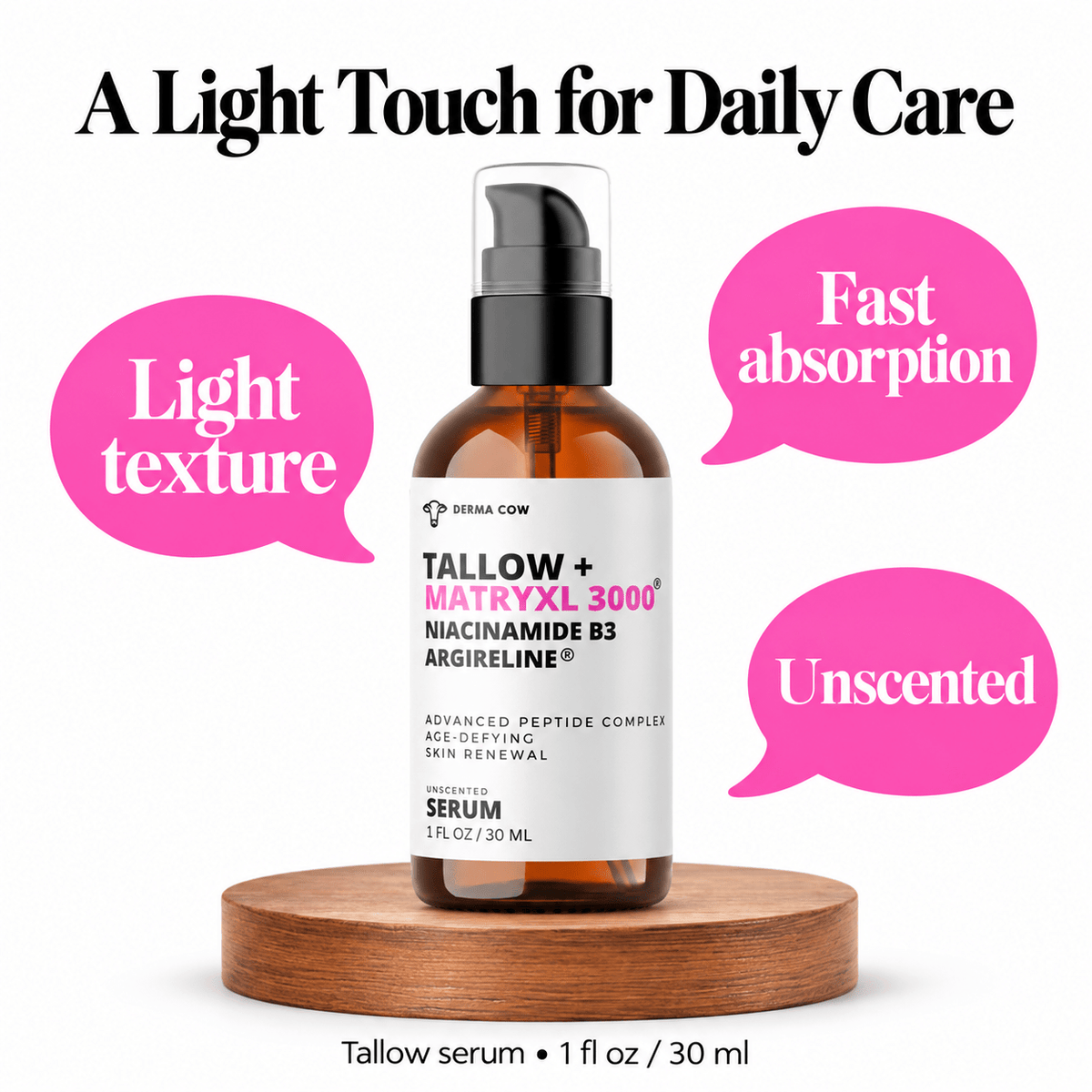 Derma Cow serum light texture, fast absorption and unscented features