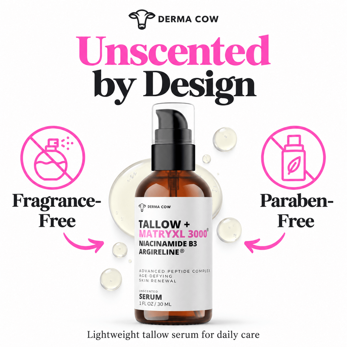 Derma Cow Tallow Peptide Serum fragrance-free and paraben-free attributes