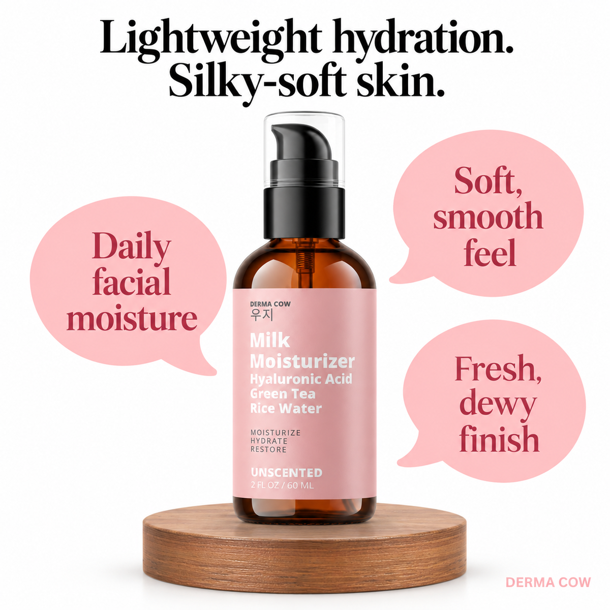 Derma Cow Milk Moisturizer lightweight hydration and silky-soft skin infographic