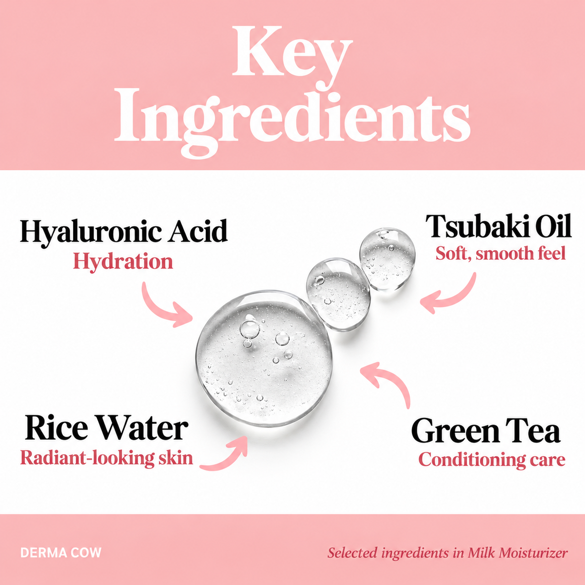 Derma Cow Milk Moisturizer highlighted ingredients: hyaluronic acid, tsubaki oil, rice water and green tea