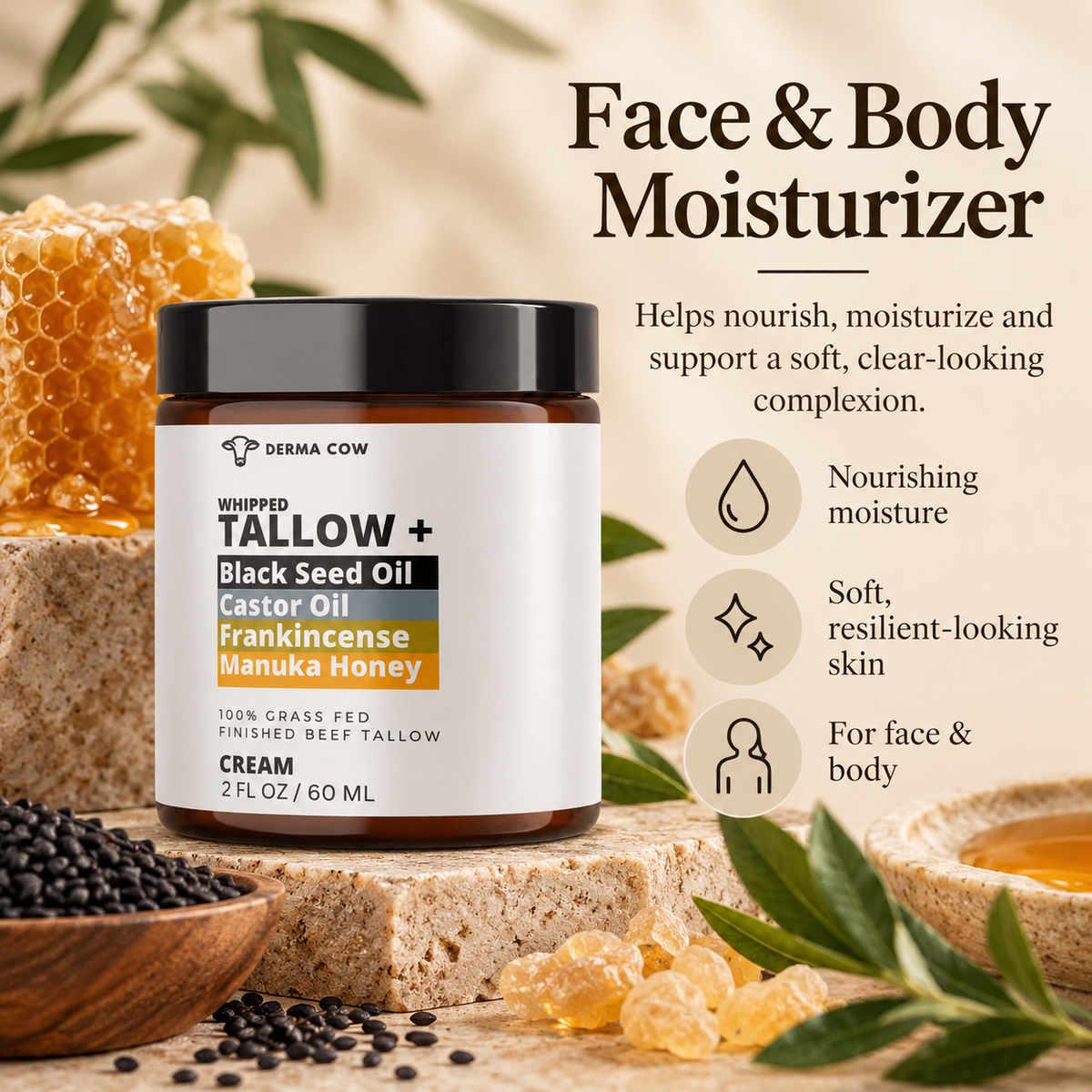 Derma Cow tallow cream face and body moisturizer infographic