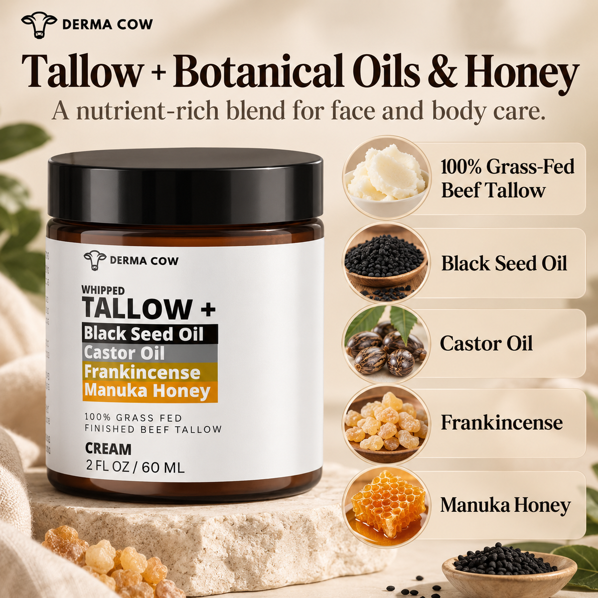 Derma Cow tallow cream ingredients infographic