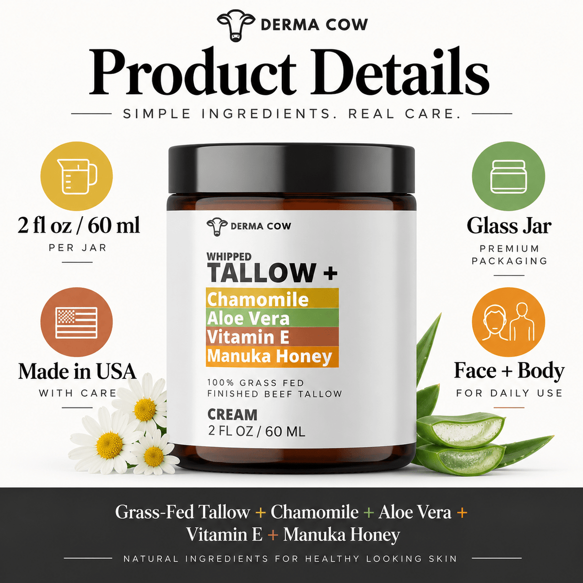 Derma Cow tallow cream product details 2 oz glass jar