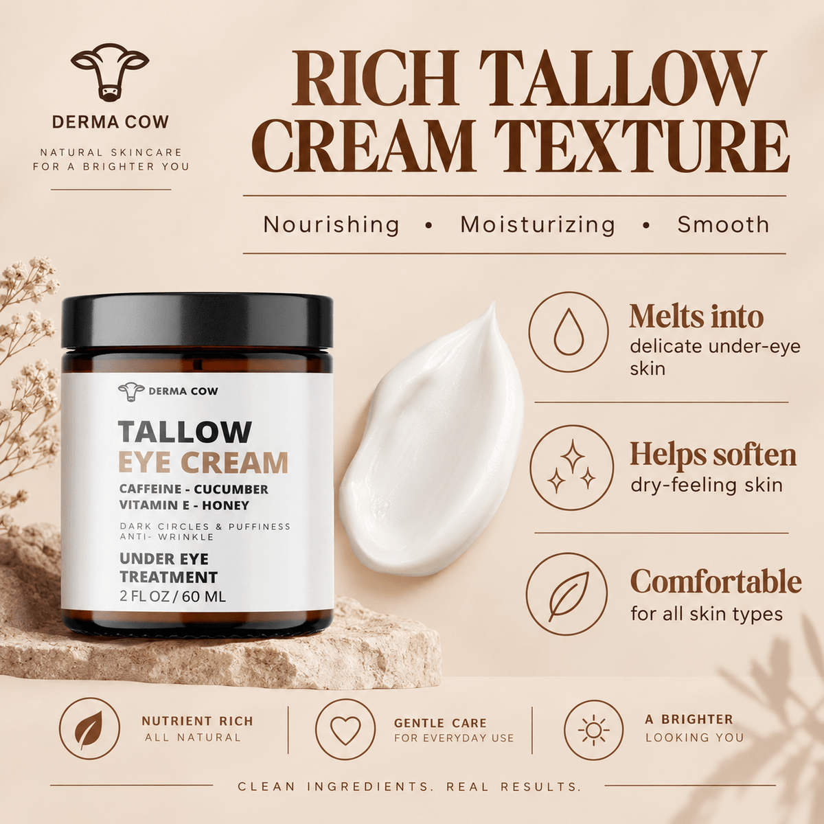 Derma Cow Tallow Eye Cream rich cream texture infographic