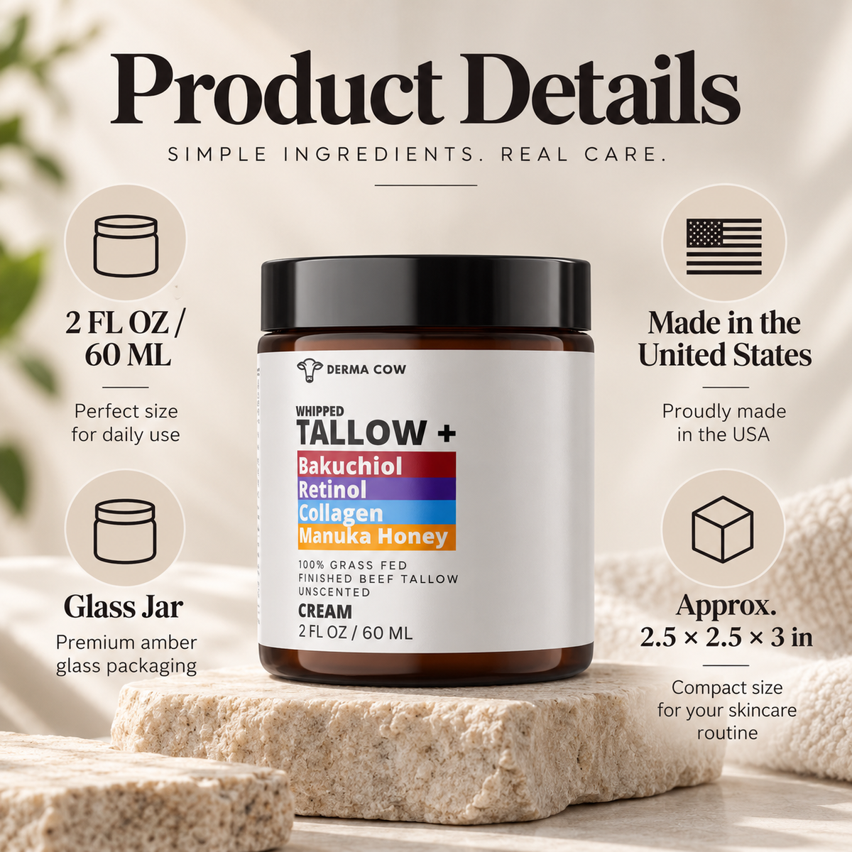 Derma Cow tallow moisturizer product details infographic