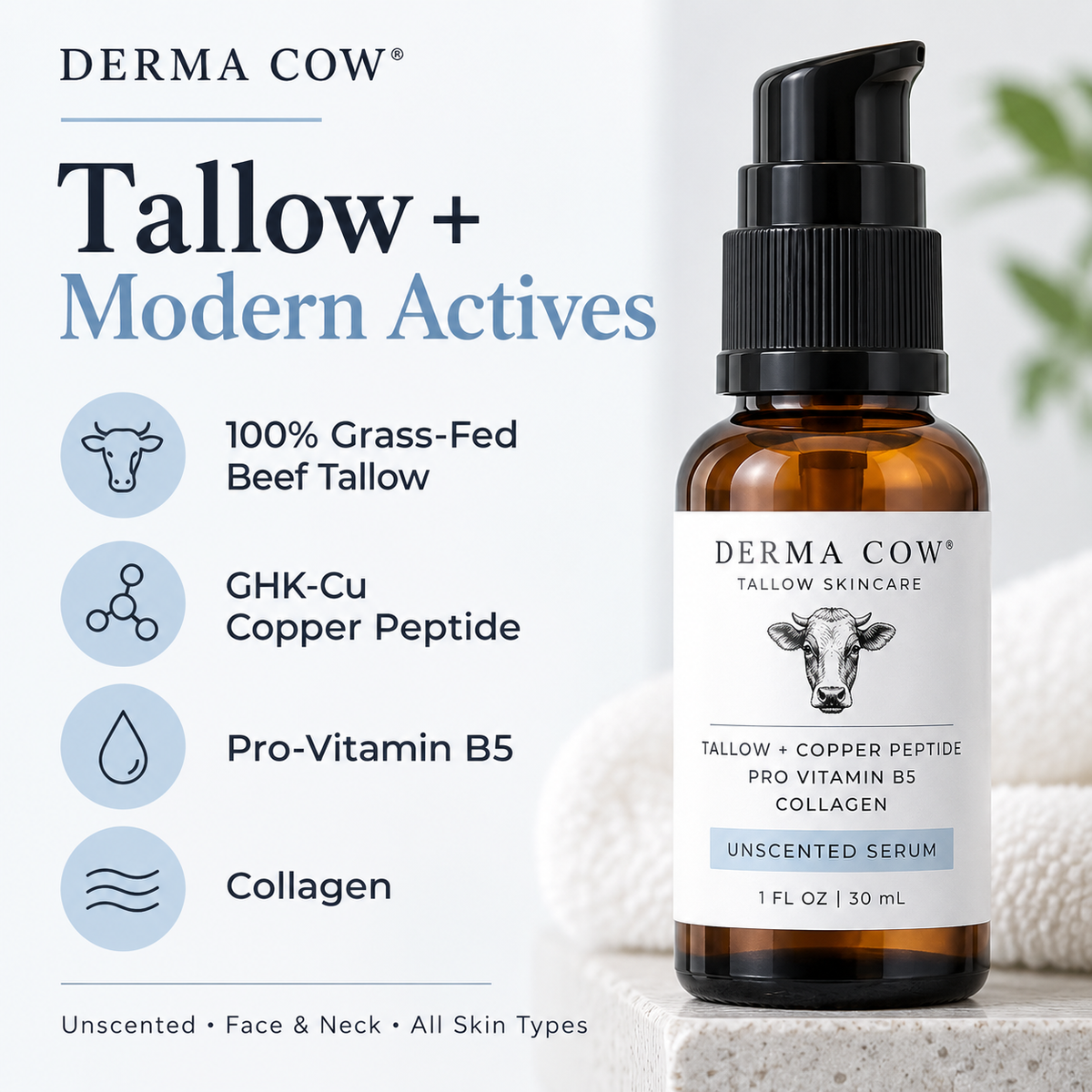Derma Cow tallow serum with grass-fed beef tallow GHK-Cu pro-vitamin B5 and collagen infographic