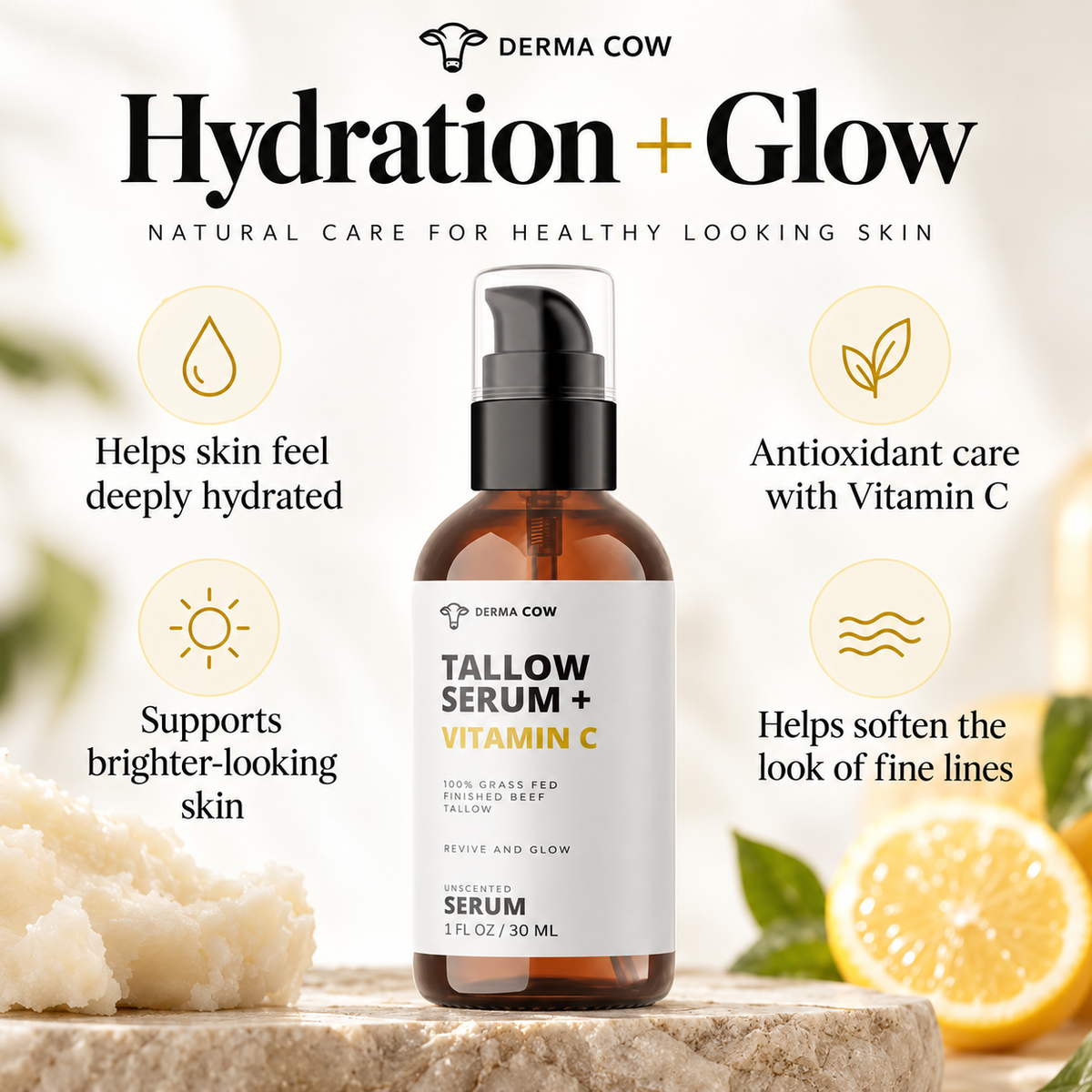 Derma Cow Tallow Serum + Vitamin C hydration and glow benefits infographic