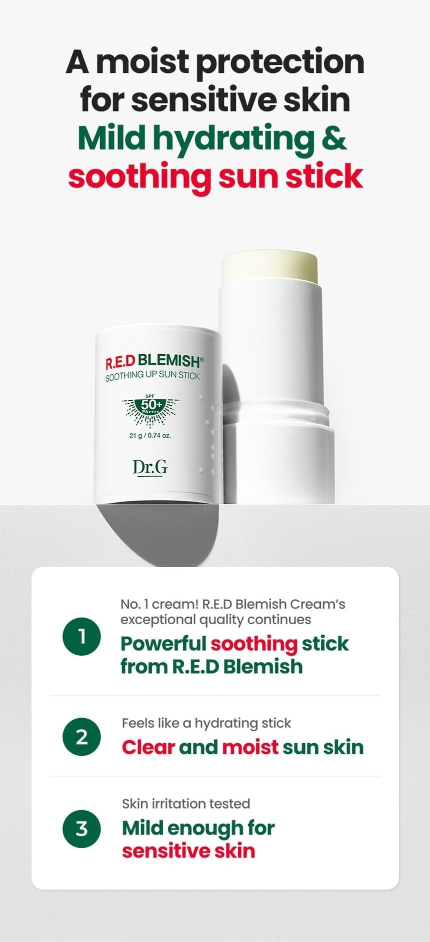 Dr.G R.E.D Blemish Soothing Up Sun Stick 21g benefit overview source panel