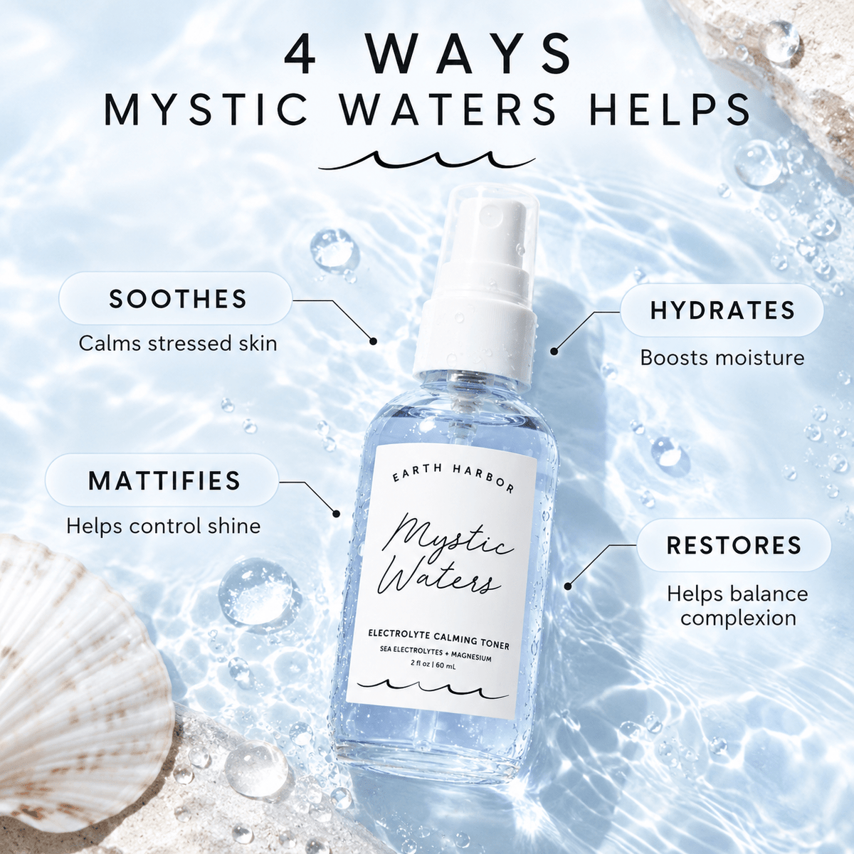 Earth Harbor Mystic Waters soothing hydrating mattifying balancing benefits infographic