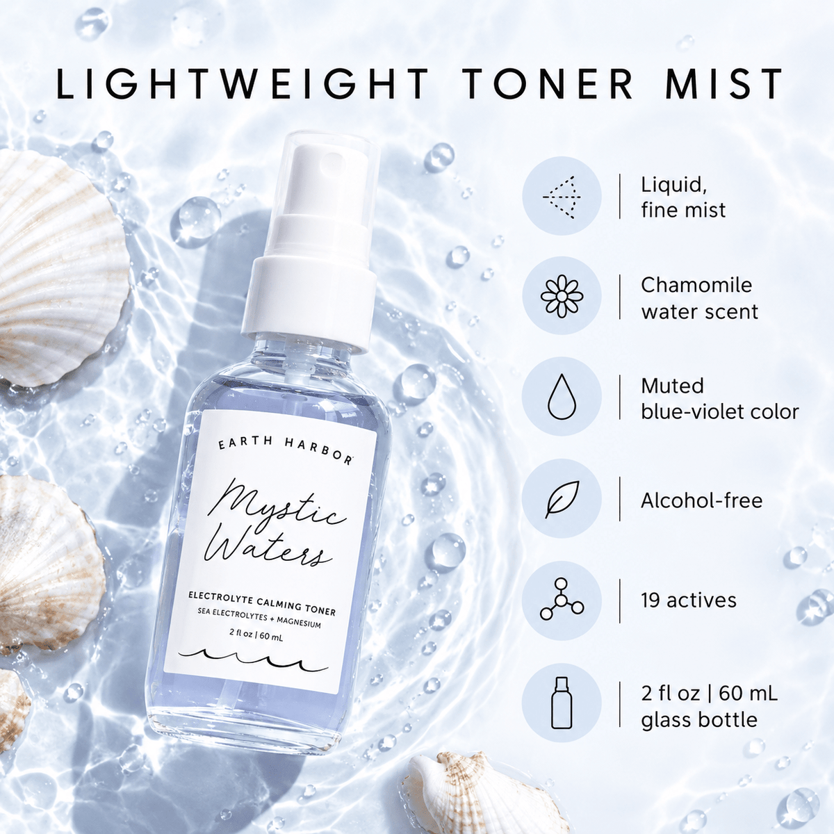 Earth Harbor Mystic Waters lightweight toner mist formula facts infographic