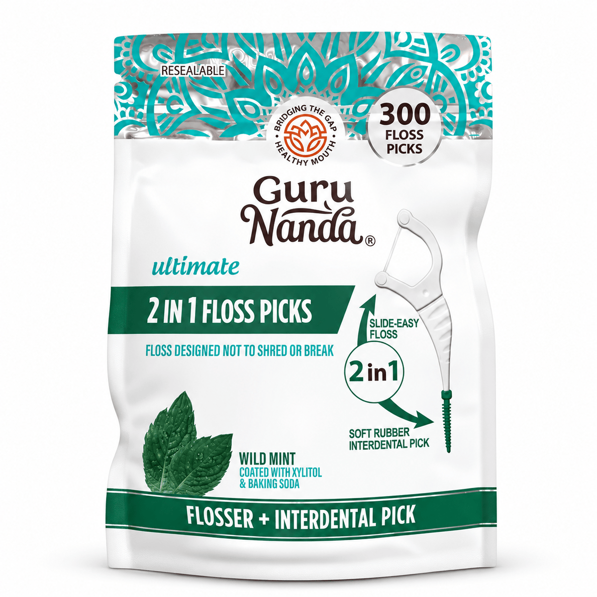 GuruNanda Ultimate 2-in-1 Dental Floss Picks, 300 Count, white-background main image