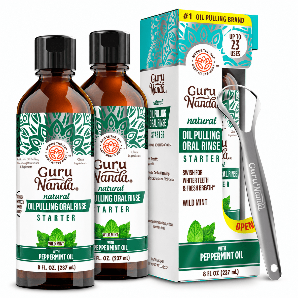 GuruNanda Coconut and Peppermint Oil Pulling 2 Pack with manufacturer packaging and tongue scraper on white