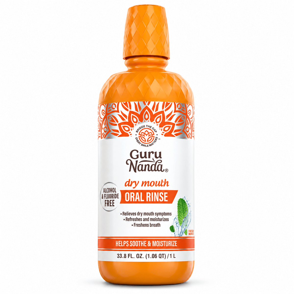 GuruNanda Dry Mouth Oral Rinse Fresh Mint 1 L bottle on white background