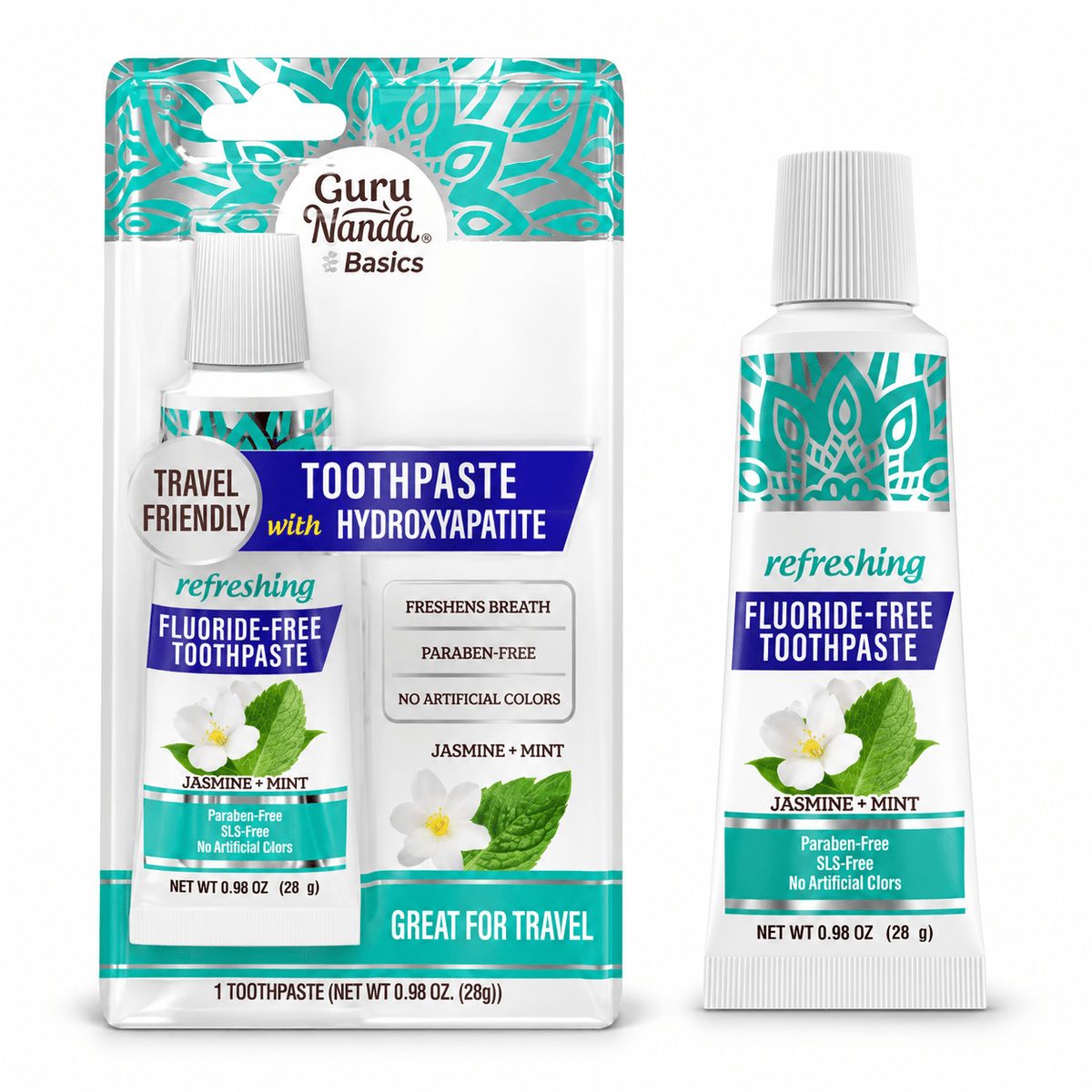 GuruNanda Basics Jasmine Mint Hydroxyapatite Toothpaste, one 0.98 oz tube with retail pouch on white