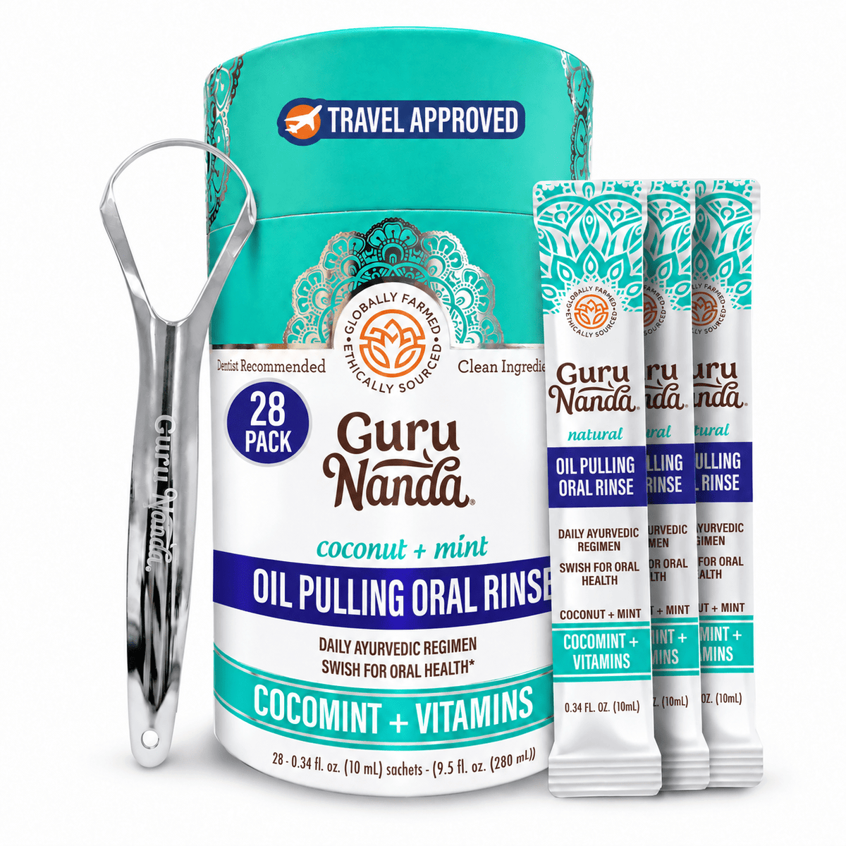 GuruNanda Farmed Mint Oil Pulling Travel Sachets, 28 Count with tongue scraper