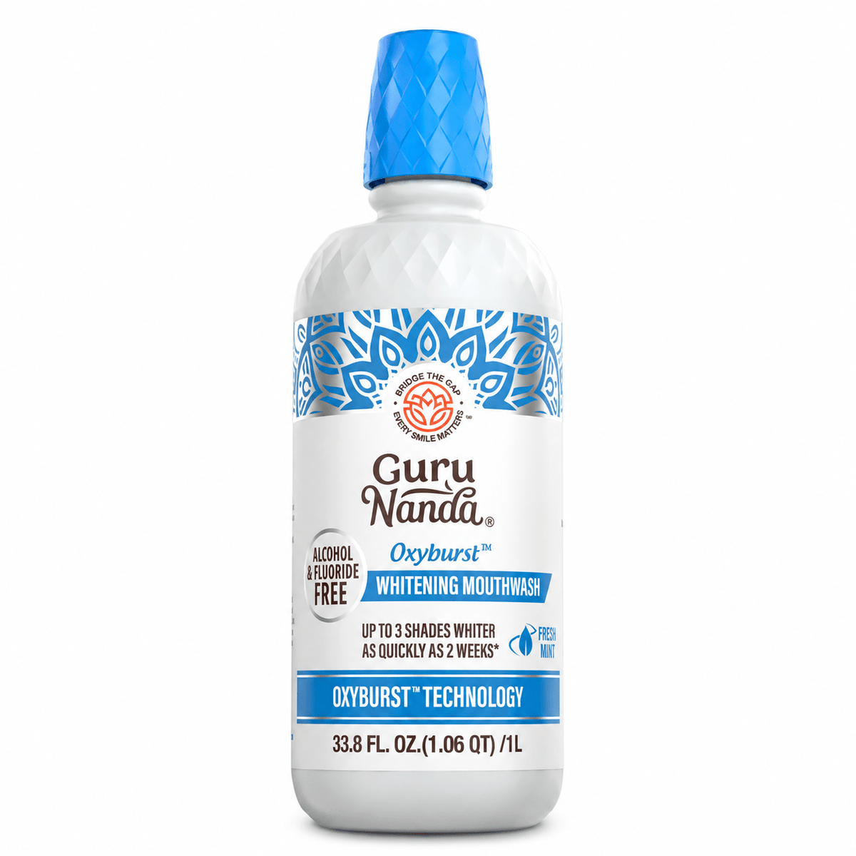 GuruNanda Oxyburst Whitening Oral Rinse Fresh Mint single 1 L bottle on white