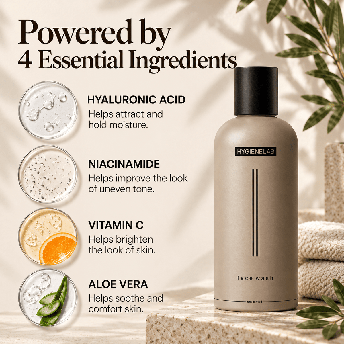 HygieneLab Face Wash key ingredients hyaluronic acid niacinamide vitamin C and aloe vera