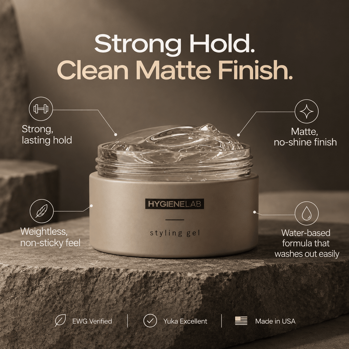 HygieneLab Styling Gel strong hold matte finish weightless non-sticky features