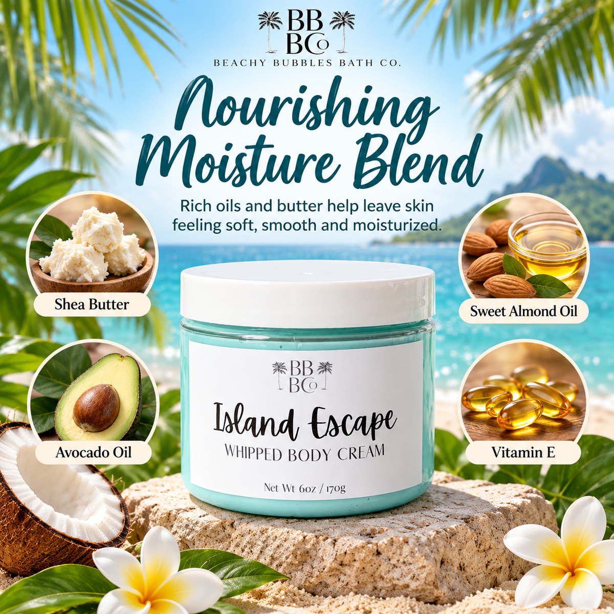 Island Escape shea butter almond avocado vitamin E ingredients