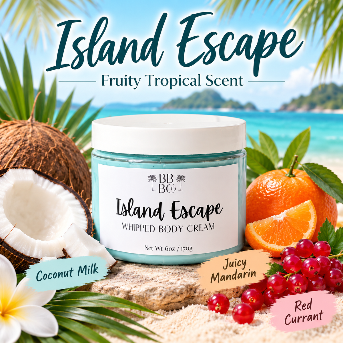 Island Escape coconut milk mandarin red currant scent notes