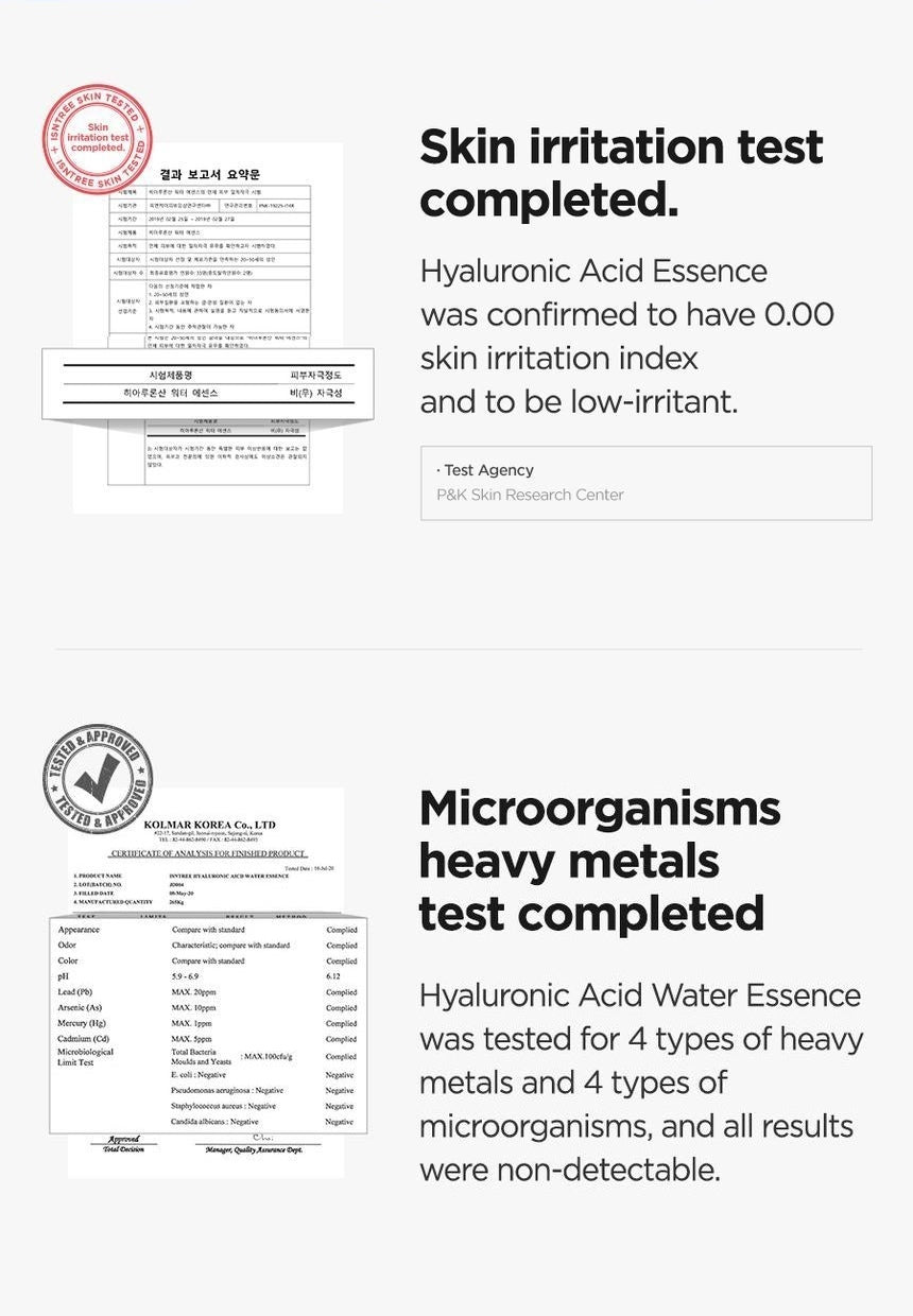 Isntree Hyaluronic Acid Water Essence 50mL: skin irritation and quality tests