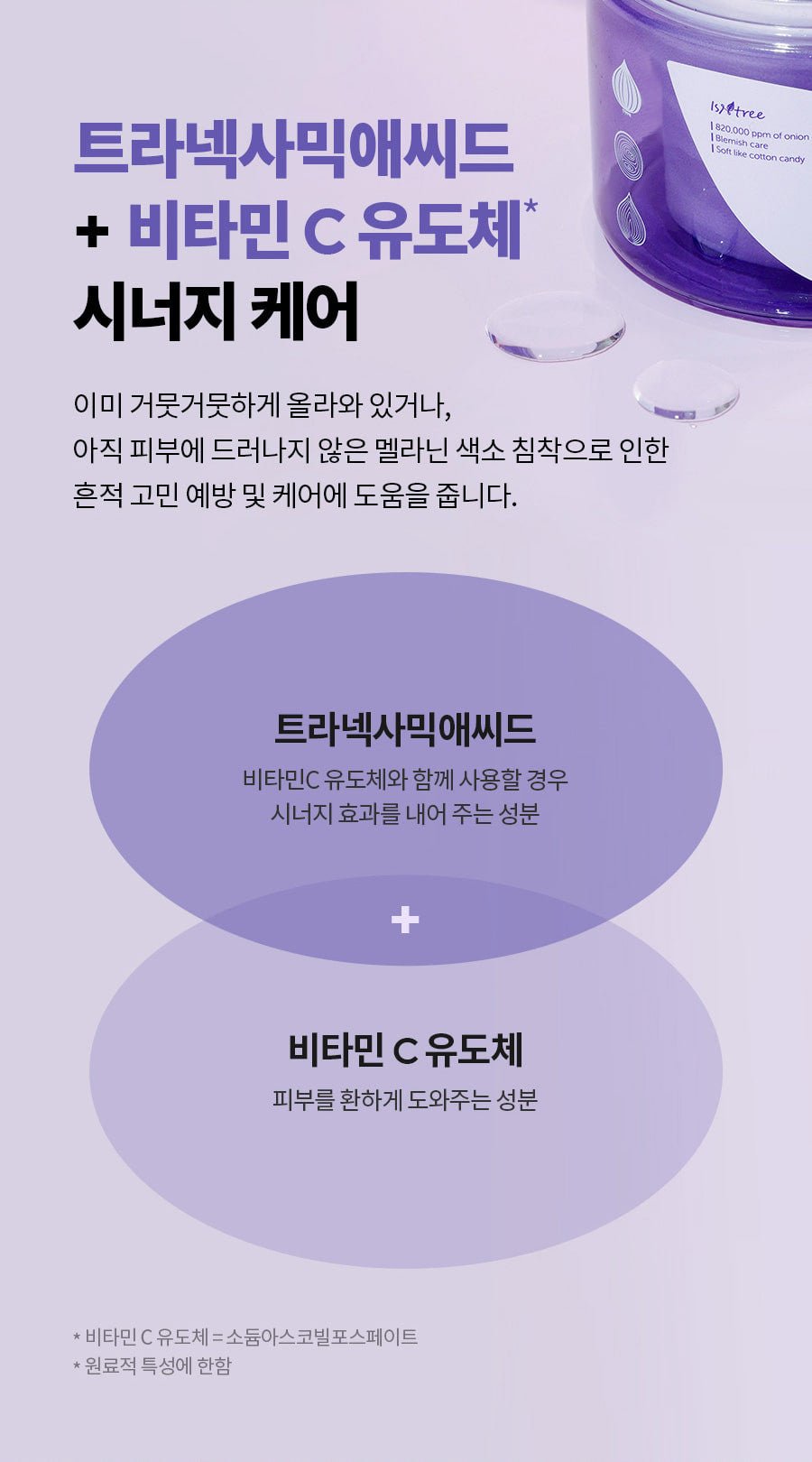 Isntree Onion Newpair Clear Pad 60 Pads: Tranexamic acid and vitamin C derivative diagram (Korean brand information)