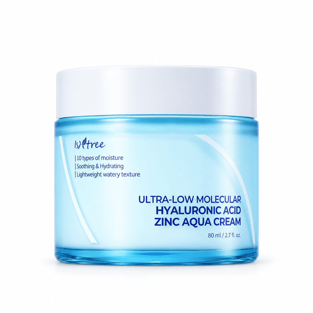 Isntree Ultra-Low Molecular Hyaluronic Acid Zinc Aqua Cream 80mL on a white background