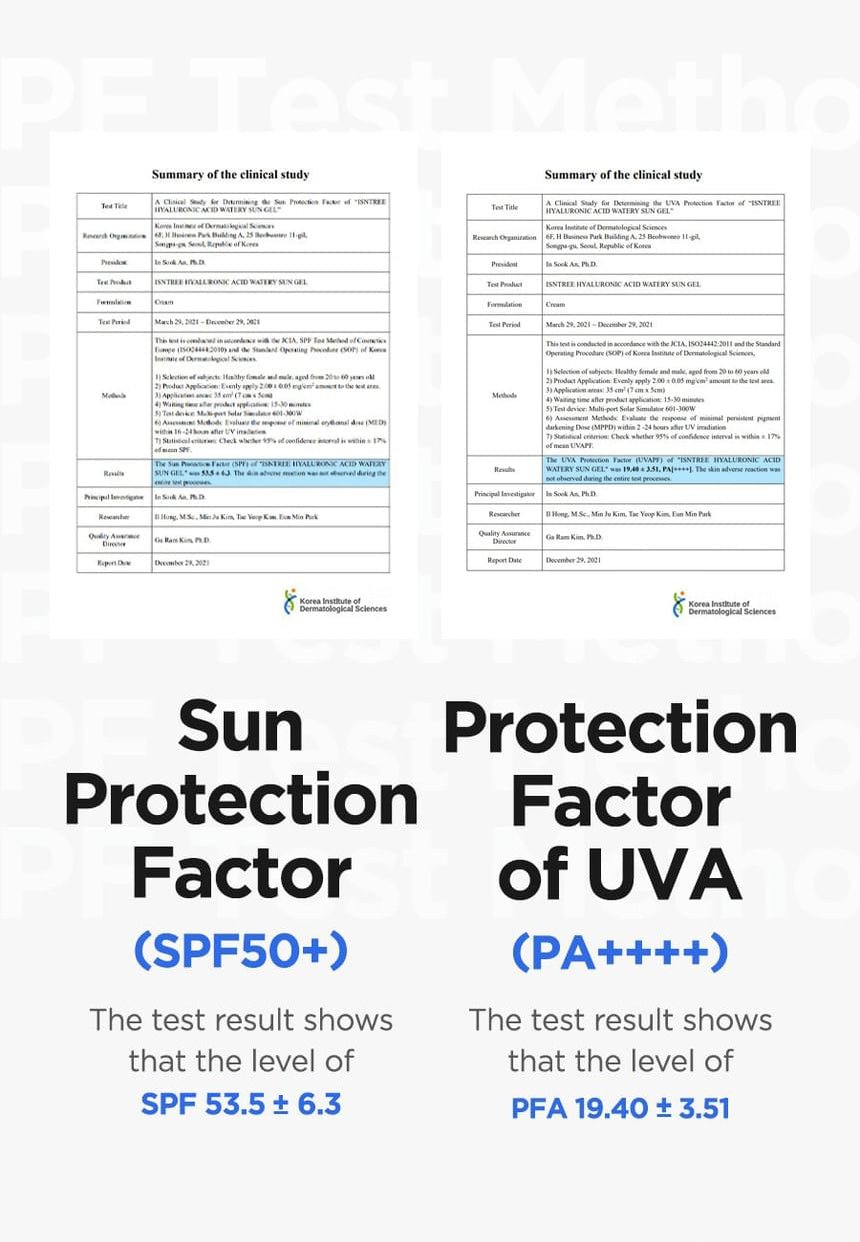 Isntree Hyaluronic Acid Watery Sun Gel SPF50+ PA++++ 50mL - sun protection testing certificates