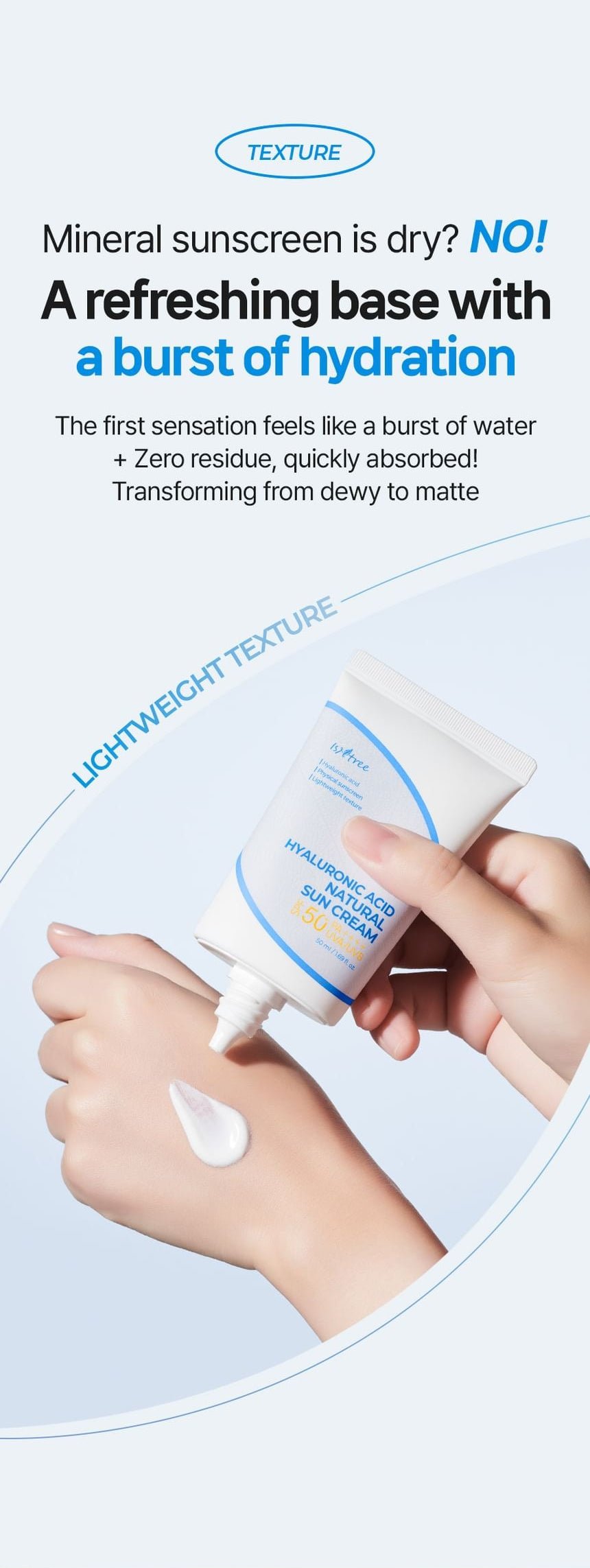 Isntree Hyaluronic Acid Natural Sun Cream SPF50+ PA++++ 50mL - dewy to matte texture