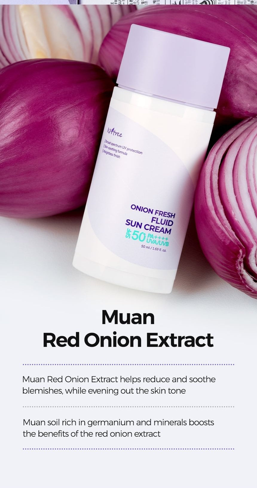 Isntree Onion Fresh Fluid Sun Cream SPF50+ PA++++ 50mL - Muan red onion background