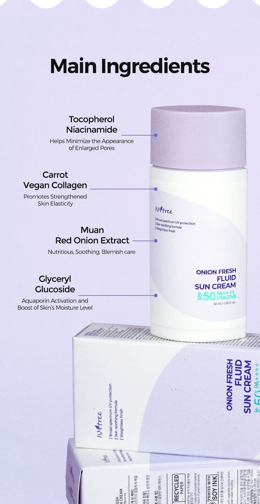 Isntree Onion Fresh Fluid Sun Cream SPF50+ PA++++ 50mL - highlighted ingredient overview