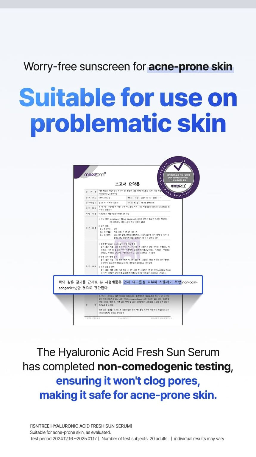Isntree Hyaluronic Acid Fresh Sun Serum SPF50+ PA++++ 50mL - non comedogenic evaluation