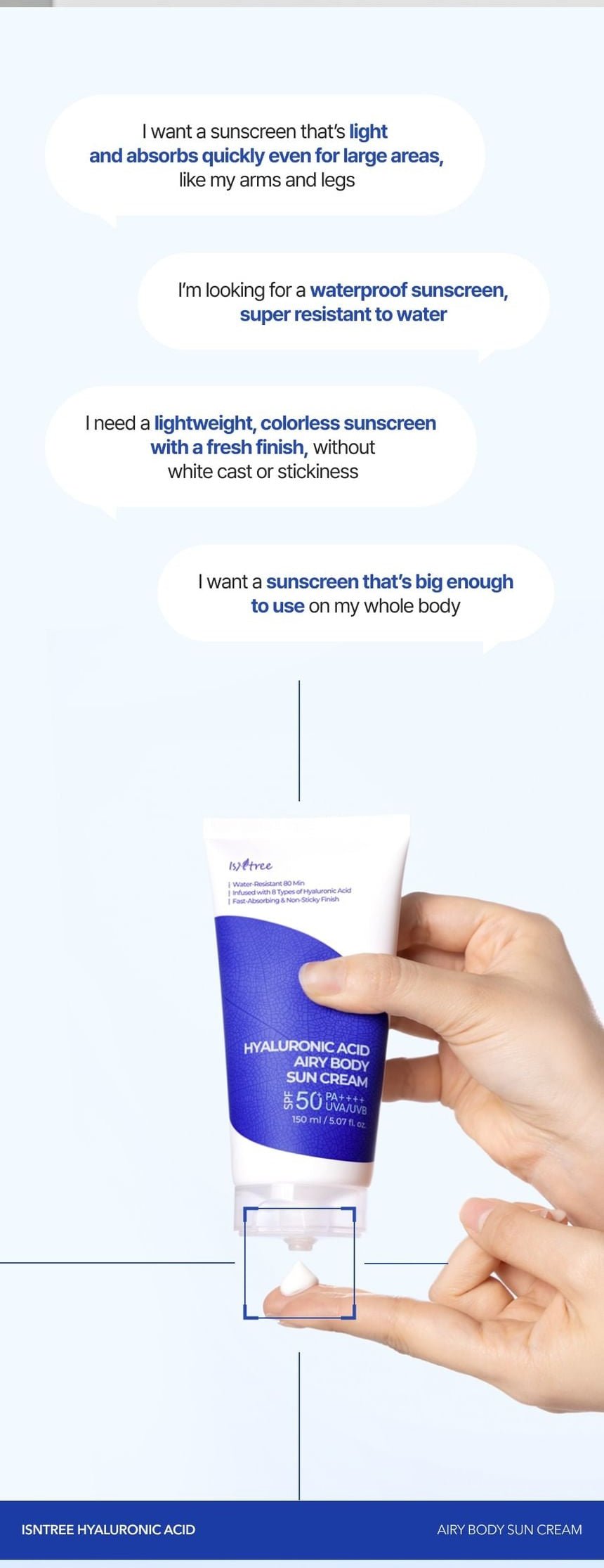 Isntree Hyaluronic Acid Airy Body Sun Cream SPF50+ PA++++ 150mL - body sunscreen preferences