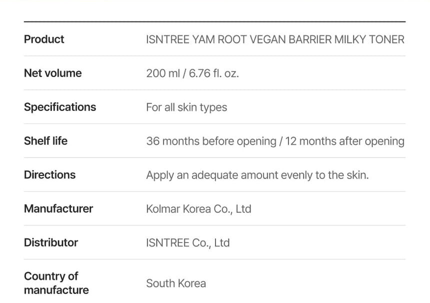 Isntree Yam Root Vegan Barrier Milky Toner 200mL β Product size origin and directions