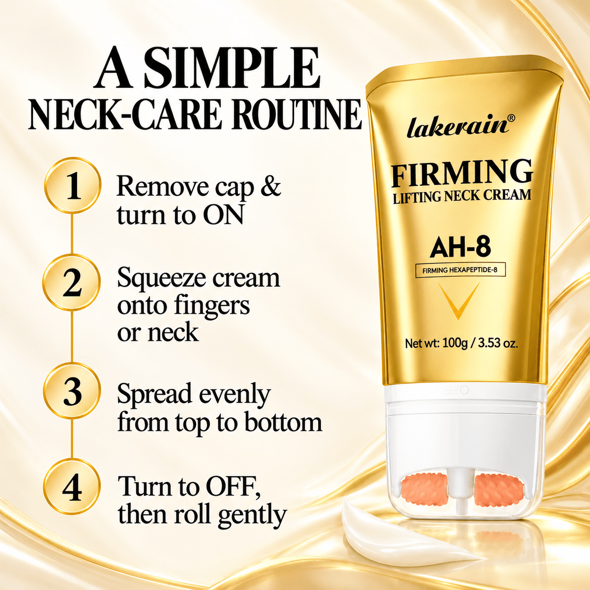 Four steps for applying LAKERAIN neck cream and using the roller