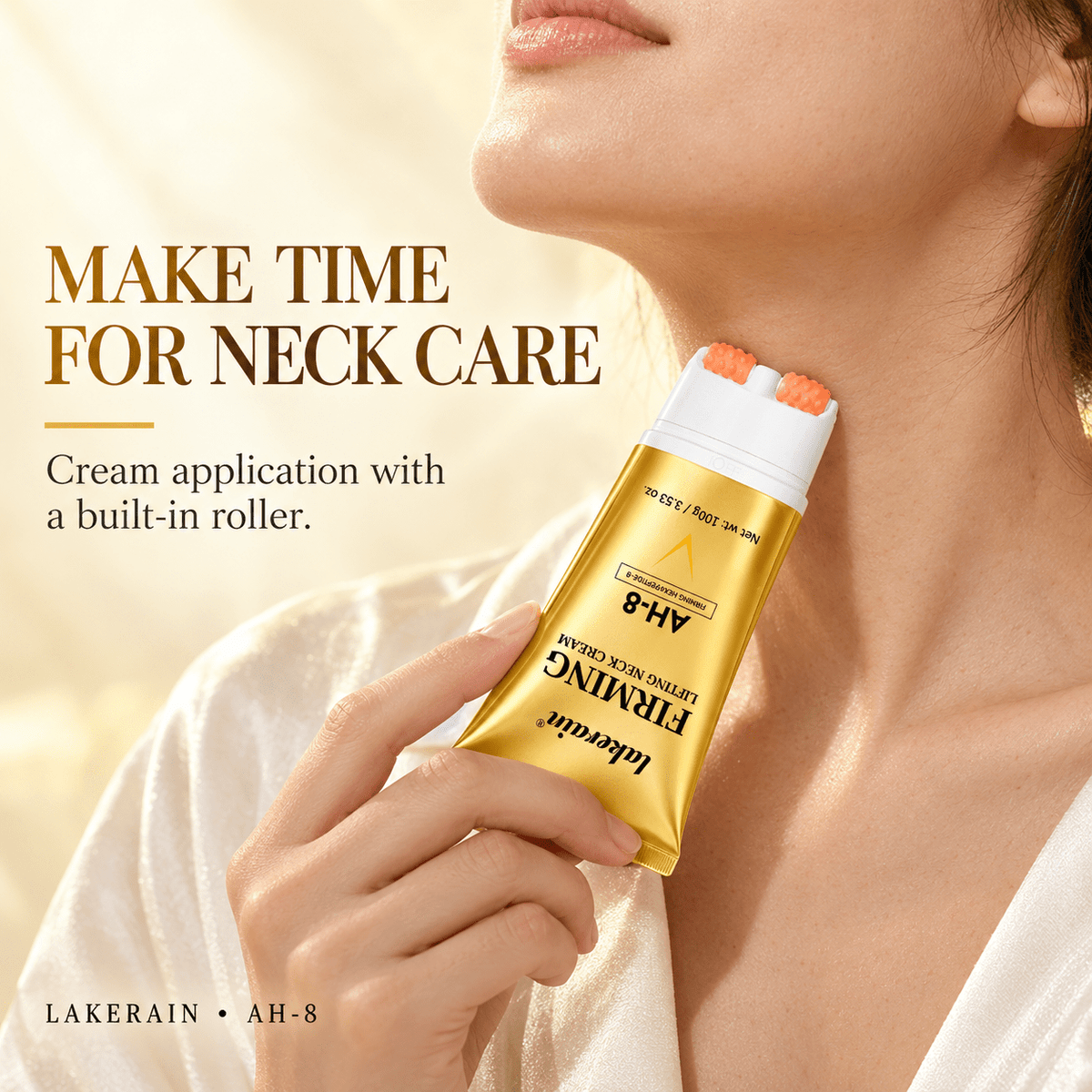 Adult applying LAKERAIN neck cream with the built-in twin roller