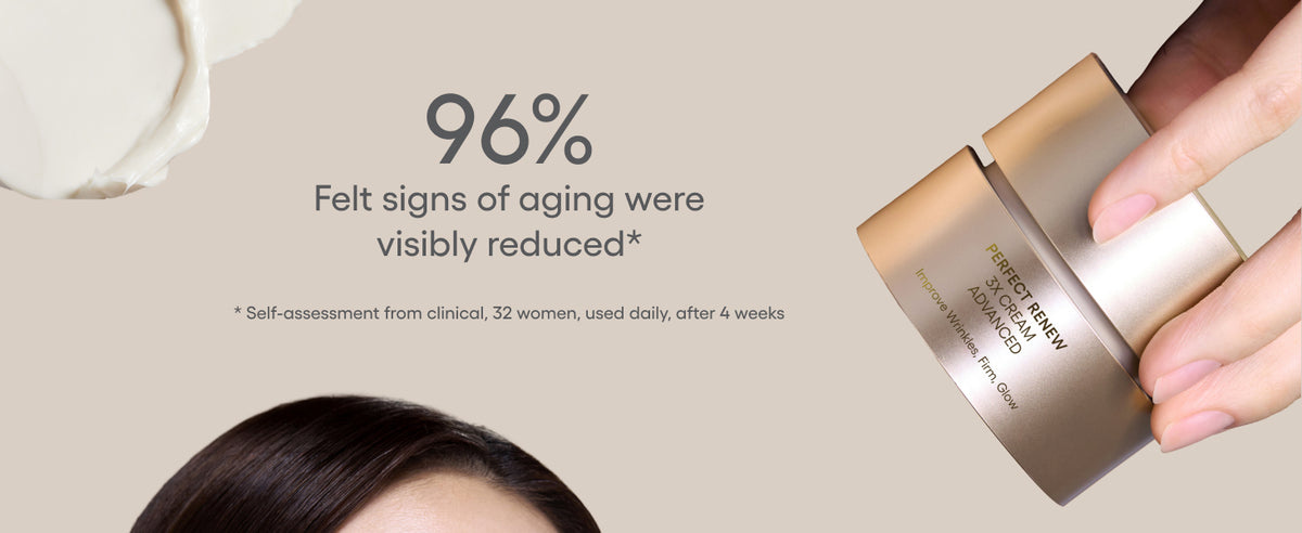 LANEIGE Perfect Renew 3X Cream Advanced 50 mL four-week 96 percent visible signs-of-aging self-assessment with 32-woman footnote