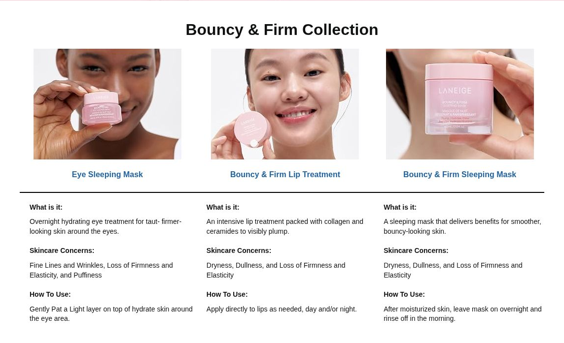 LANEIGE Bouncy and Firm collection: concerns, benefits and complete directions for each labeled product
