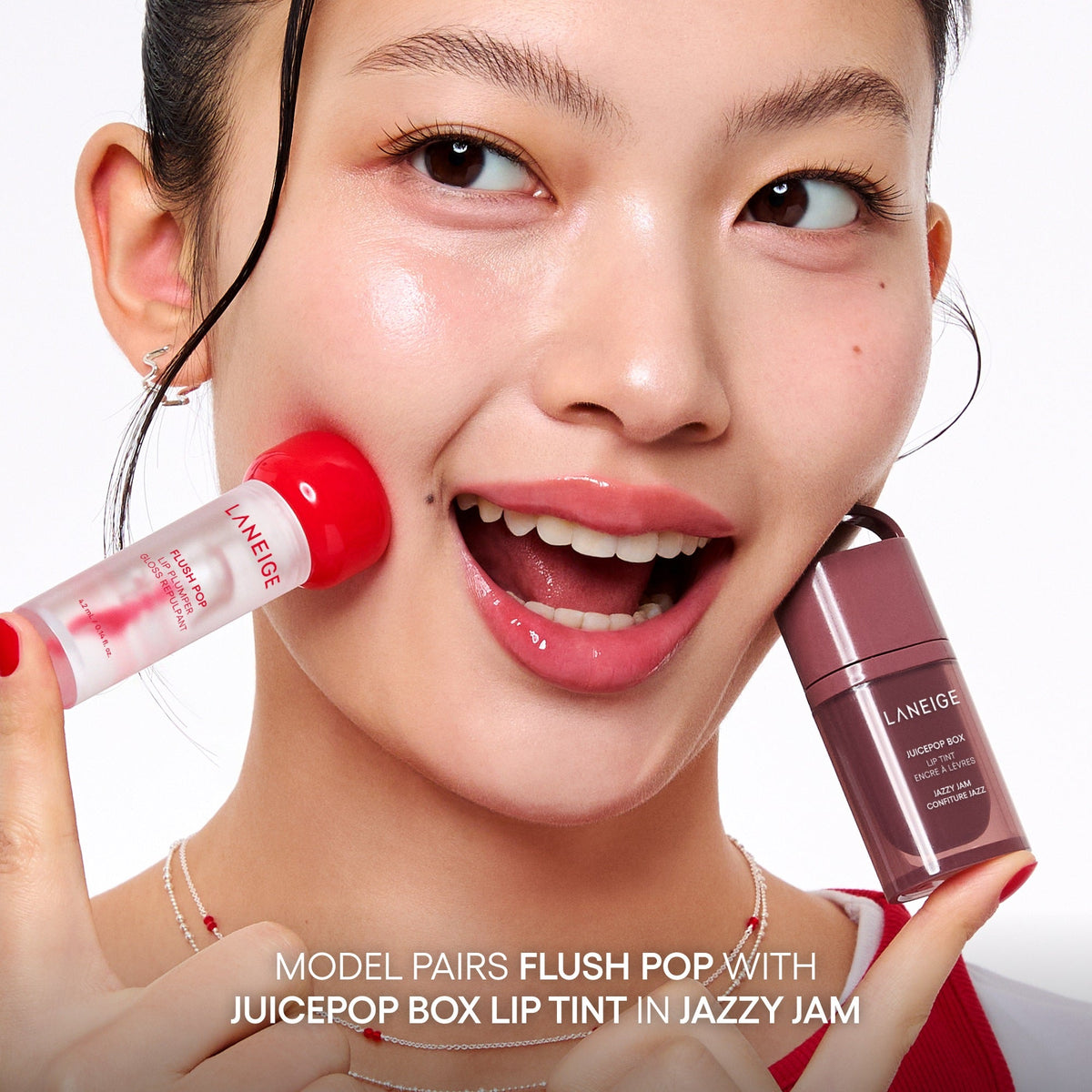 LANEIGE Flush Pop Lip Plumper application with JuicePop Box Lip Tint